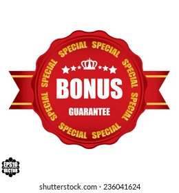 Red round special bonus label, sticker, sign and symbol glossy with stars and crown on white background, vector illustration.