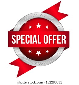 Red Round Special Offer Button With Ribbon