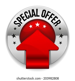 Red round special offer button with arrow on white background