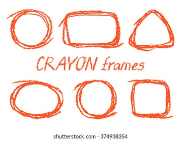 Red round, square, triangular design elements. Set of funny copyspace, crayon lrtters. Colorful pastel chalk wax crayon hand drawing frames, vector background.