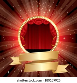red round stage with golden blank banner 