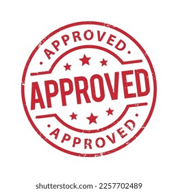 red round stamp approved in grunge style on white background