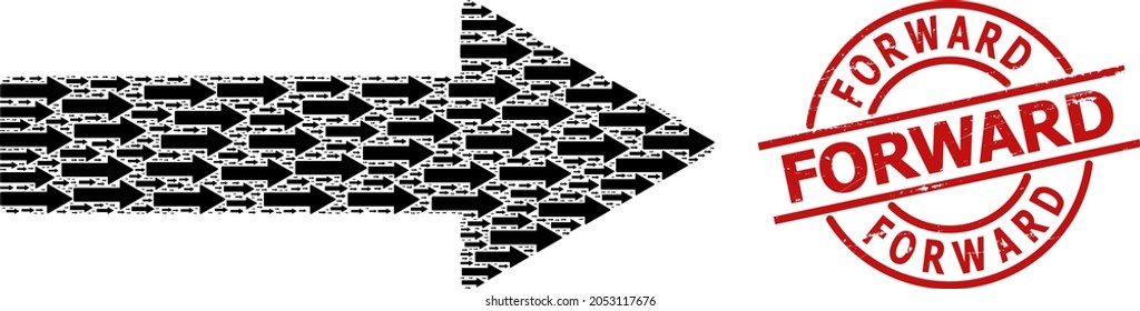 Red round stamp contains Forward text inside circle. Vector right arrow fractal is formed of random itself right arrow pictograms. Distress Forward seal, and right arrow icon fractal collage.