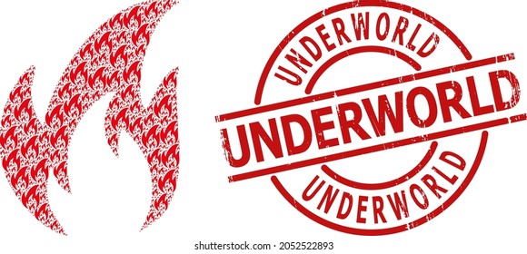 Red round stamp contains Underworld title inside circle. Vector fire fractal is formed from randomized fractal fire items. Scratched Underworld badge, and fire icon recursive mosaic. Grunge style.