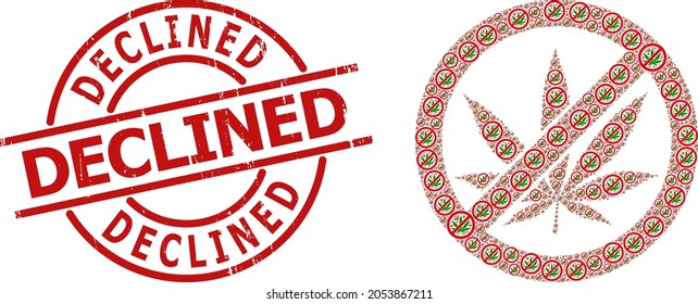 Red round stamp has Declined caption inside circle. Vector forbid cannabis fractal is created from randomized itself forbid cannabis elements. Scratched Declined seal,