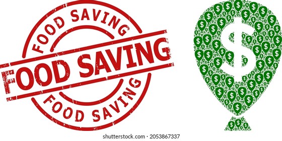 Red round stamp has Food Saving tag inside circle. Vector financial inflation balloon collage is designed from randomized recursive financial inflation balloon items. Scratched Food Saving seal,