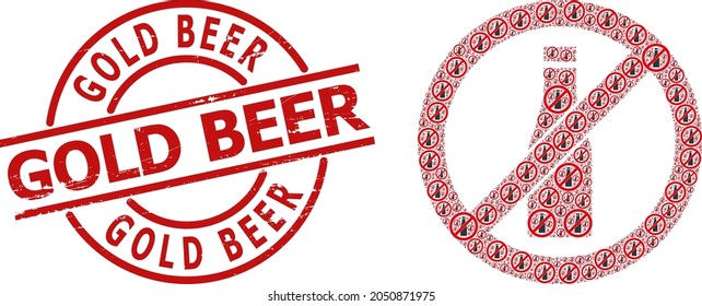 Red round stamp has Gold Beer caption inside circle. Vector forbid beer bottle fractal is designed with randomized fractal forbid beer bottle parts. Scratched Gold Beer stamp seal,