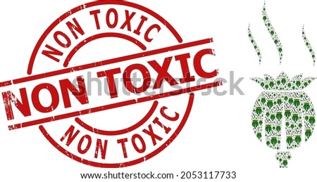 Red round stamp has Non Toxic tag inside circle. Vector opium aroma collage is composed from repeating itself opium aroma items. Grunge Non Toxic stamp seal, and opium aroma icon recursive collage.