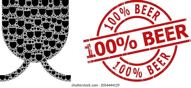 Red round stamp includes 100 Percent Beer title inside circle. Vector full mug composition is done from random fractal full mug parts. Scratched 100 Percent Beer badge, and full mug icon fractal