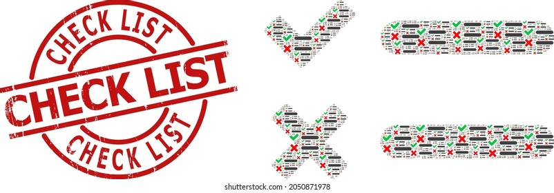 Red round stamp includes Check List tag inside circle. Vector checklist composition is done from randomized itself checklist icons. Rubber Check List stamp seal,