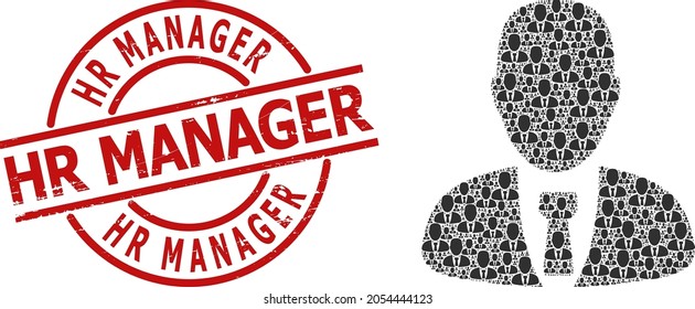 Red round stamp includes Hr Manager tag inside circle. Vector manager collage is formed from random recursive manager pictograms. Textured Hr Manager stamp, and user icon fractal collage.