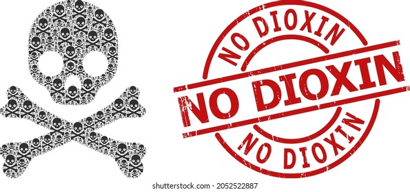Red round stamp includes No Dioxin tag inside circle. Vector death skull composition is created from randomized fractal death skull pictograms. Rubber No Dioxin stamp,