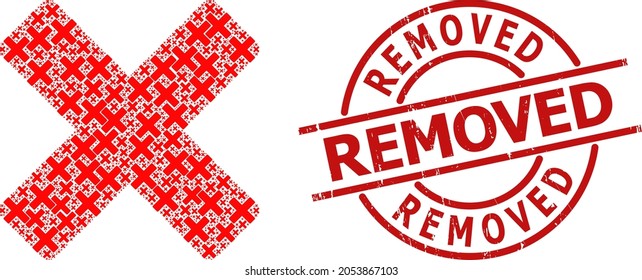 Red round stamp includes Removed tag inside circle. Vector reject cross mosaic is done from scattered recursive reject cross items. Rubber Removed stamp, and reject cross icon recursion mosaic. svg