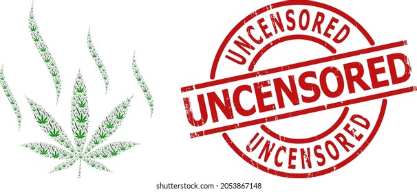 Red round stamp includes Uncensored caption inside circle. Vector marijuana aroma collage is done from repeating recursive marijuana aroma pictograms. Grunge Uncensored stamp seal,