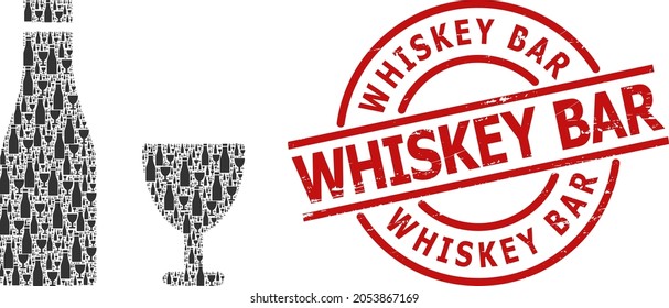 Red round stamp includes Whiskey Bar title inside circle. Vector alcohol drinks collage is made from repeating itself alcohol drinks pictograms. Textured Whiskey Bar stamp seal,