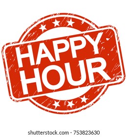 red round stamp with scratches and text happy hour