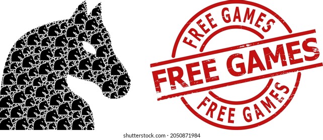 Red round stamp seal contains Free Games text inside circle. Vector chess horse fractal is designed with random recursive chess horse elements. Textured Free Games stamp seal,