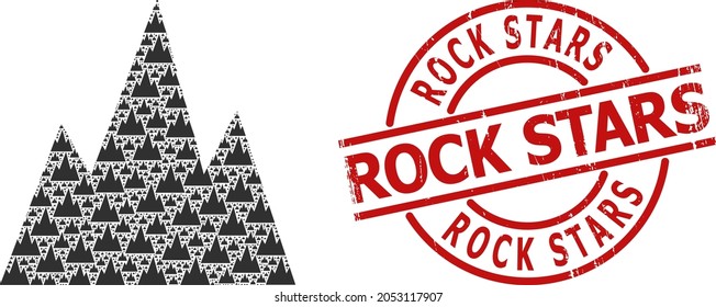 Red round stamp seal contains Rock Stars text inside circle. Vector mountains collage is formed of random recursive mountains icons. Grunge Rock Stars stamp, and mountains icon recursive mosaic.