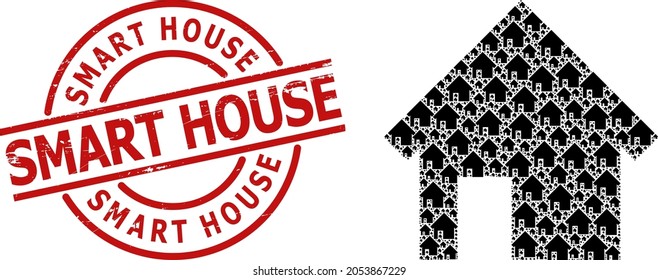 Red round stamp seal contains Smart House tag inside circle. Vector house collage is made of randomized recursive house pictograms. Textured Smart House stamp seal,