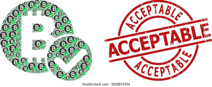 Red round stamp seal has Acceptable caption inside circle. Vector accept bitcoin mosaic is done from repeating recursive accept bitcoin parts. Textured Acceptable stamp seal,