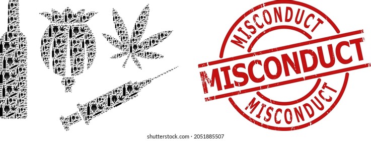 Red round stamp seal has Misconduct tag inside circle. Vector addiction drugs fractal is composed of random recursive addiction drugs parts. Grunge Misconduct seal,