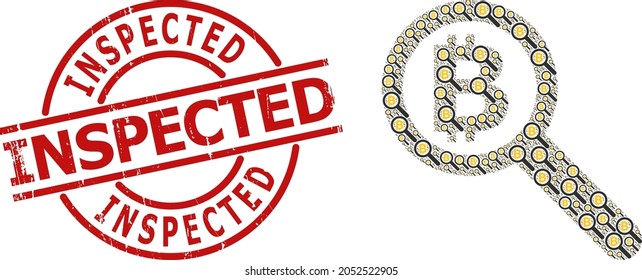 Red round stamp seal has Inspected text inside circle. Vector bitcoin audit collage is composed from repeating itself bitcoin audit items. Scratched Inspected stamp seal,
