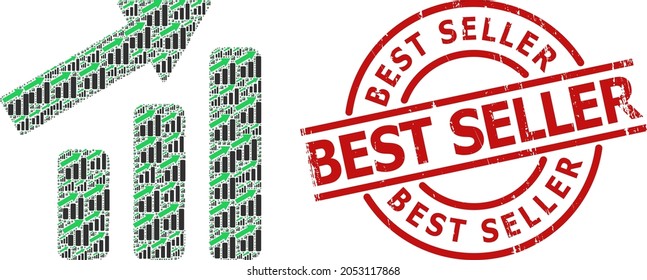 Red round stamp seal has Best Seller text inside circle. Vector up trend bar chart fractal is formed of scattered recursive up trend bar chart items. Grunge Best Seller watermark,
