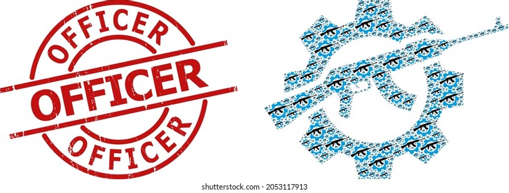 Red round stamp seal has Officer tag inside circle. Vector weapon industry collage is formed of repeating fractal weapon industry items. Textured Officer seal,