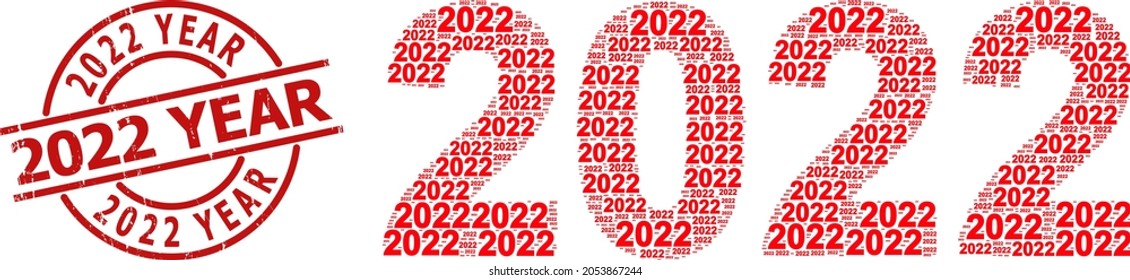 Red round stamp seal has 2022 Year caption inside circle. Vector 2022 year digits collage is done from scattered fractal 2022 year digits pictograms. Scratched 2022 Year seal,