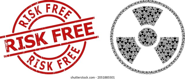 El sello rojo redondo incluye la etiqueta "Riesgo libre" dentro del círculo. El símbolo radiactivo vector fractal se realiza a partir de iconos de símbolos radiactivos fractales aleatorios. Sello libre de riesgo texturado,