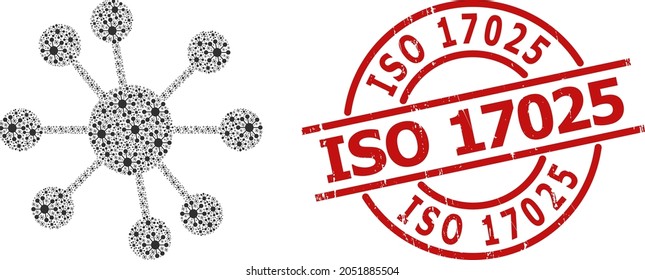 Red round stamp seal includes ISO 17025 tag inside circle. Vector node relations collage is composed with scattered recursive node relations items. Textured ISO 17025 stamp seal, svg