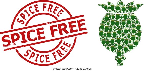 Red round stamp seal includes Spice Free caption inside circle. Vector poppy head fractal is constructed with random fractal poppy head elements. Rubber Spice Free stamp,