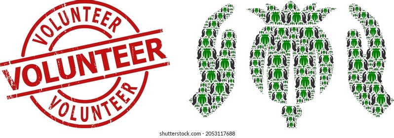 Red round stamp seal includes Volunteer text inside circle. Vector poppy care hands collage is constructed of repeating recursive poppy care hands icons. Rubber Volunteer seal,