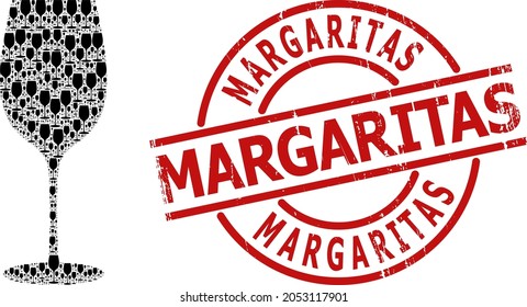 Red round stamp seal includes Margaritas title inside circle. Vector wine glass collage is designed of randomized fractal wine glass parts. Rubber Margaritas seal, and wine glass icon fractal collage.