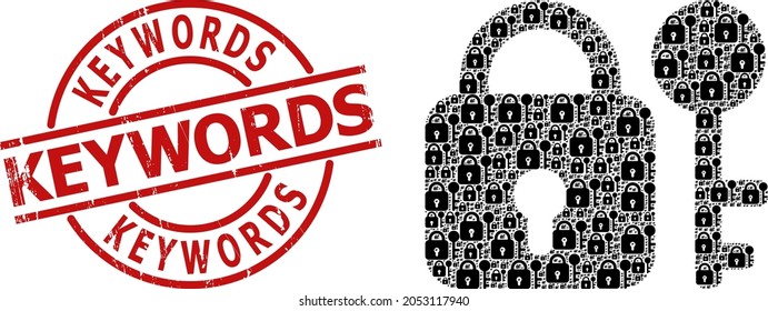 El sello rojo redondo incluye el título de las palabras clave dentro del círculo. La composición del secreto vectorial se crea a partir de pictogramas de secretismo recursivo aleatorizados. Sello de sello de palabras clave de goma,
