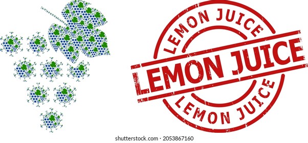 Red round stamp seal includes Lemon Juice tag inside circle. Vector virus grape bunch collage is created from randomized itself virus grape bunch icons. Scratched Lemon Juice seal,
