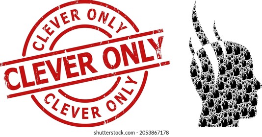 Red round stamp seal includes Clever Only caption inside circle. Vector brain steam composition is done of repeating itself brain steam pictograms. Grunge Clever Only stamp seal,