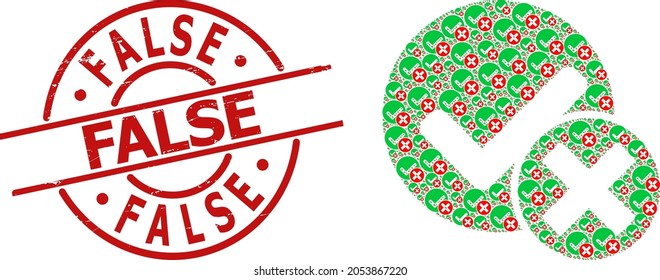 Red round stamp seal includes False text inside circle. Vector false positive collage is organized with scattered fractal false positive elements. Scratched False stamp seal,