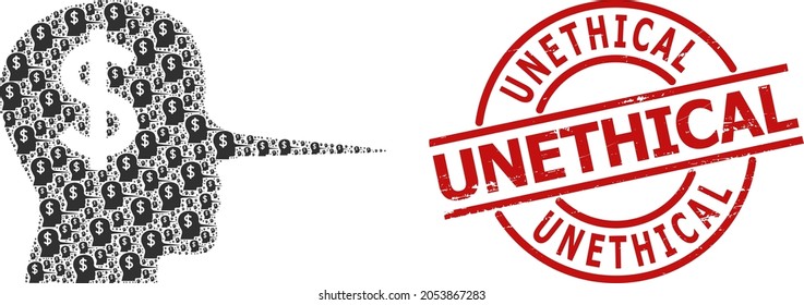 Red round stamp seal includes Unethical tag inside circle. Vector financial liar composition is composed from randomized fractal financial liar elements. Textured Unethical seal,