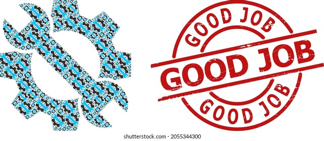 Red round stamp seal includes Good Job text inside circle. Vector service tools fractal is made from random recursive service tools elements. Rubber Good Job stamp seal,