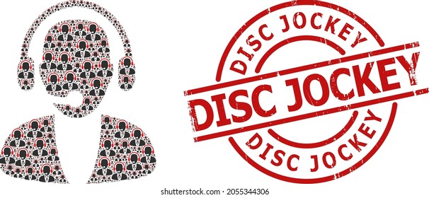 Red round stamp seal includes Disc Jockey tag inside circle. Vector online operator composition is made from scattered fractal online operator items. Textured Disc Jockey imprint,