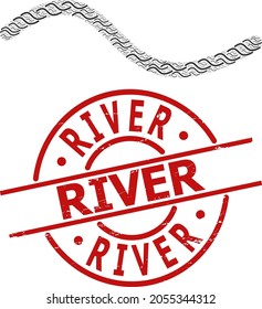 Red round stamp seal includes River tag inside circle. Vector wave line fractal is created from scattered recursive wave line items. Distress River imprint, and wave line icon recursive composition.