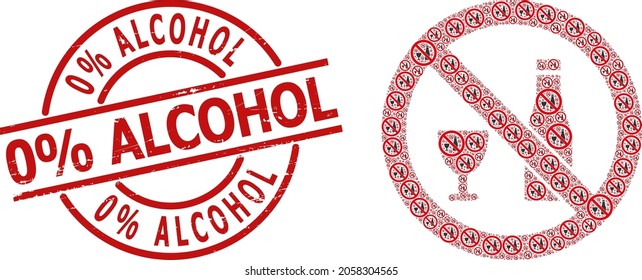 Red round stamp seal includes 0 Percent Alcohol caption inside circle. Vector forbid alcohol fractal is composed of repeating fractal forbid alcohol parts. Distress 0 Percent Alcohol seal,