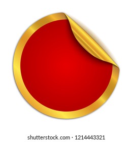 Red round sticker isolated. Vector illustration. Paper label with gold corner.
