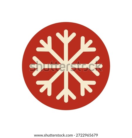 Red round sticker shows a line snow flake element in simple holiday style. Festive ornament acts as a christmas and xmas emblem seal, perfect for box decoration in seasonal parcel or gift context.