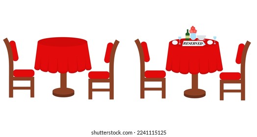 Red round table with tablecloth and chairs for dinner.The table is reserved.Dining Room.Food and drink.Restaurant or cafe.Sign, symbol, icon or logo isolated.Flat design.Cartoon vector illustration.