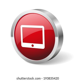 Red round tablet button with metallic border on white background