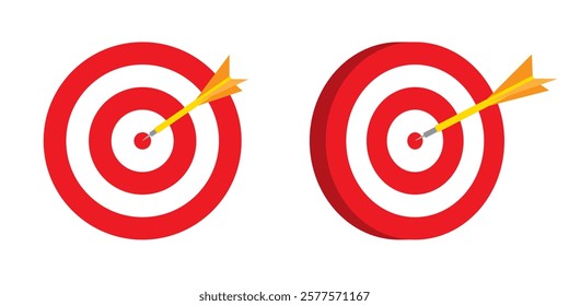 Red round target with a dart in a center, front view.  Vector illustration