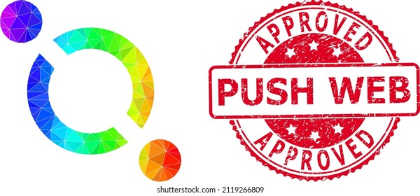 Red round textured APPROVED PUSH WEB badge and lowpoly link icon with rainbow vibrant gradient.