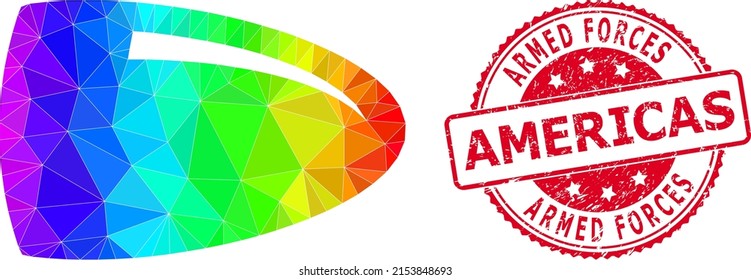 Red round textured ARMED FORCES AMERICAS stamp seal and lowpoly bullet icon with spectrum colored gradient.